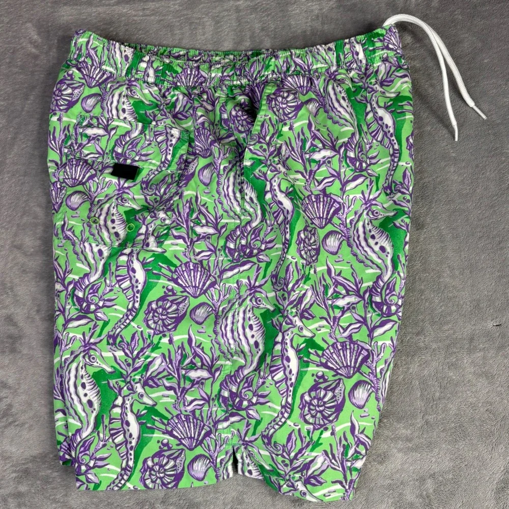 Vineyard Vines Swim Trunks Mens M Green Purple Seahorse Nautical Mesh Lined 6.5
